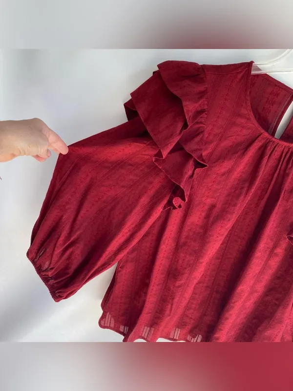 Deep red billowy sleeves ruffle shoulder blouse fall prairie boho peasant top L - Image 5