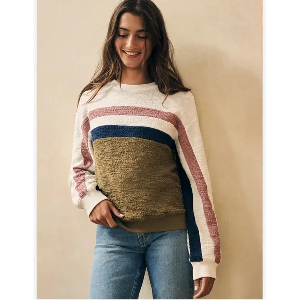 Faherty Vista Olive Cream Striped Pullover French‎ Terry Sweatshirt Womens Small - Image 2