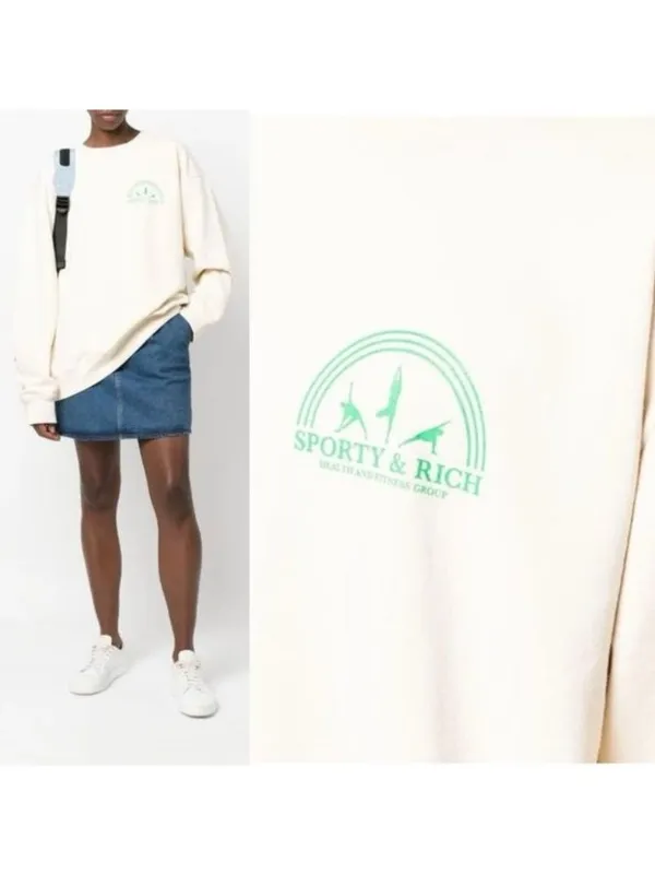 NEW Sporty & Rich Fitness Group Crewneck Sweatshirt M Off White Fleece Oversized - Image 3
