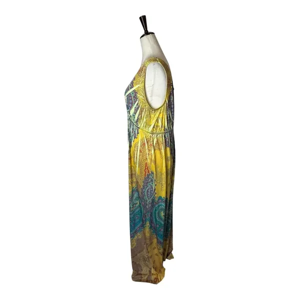 One World Dress Women XL‎ Yellow Green Floral Paisley Maxi Casual Boho Colorful - Image 5