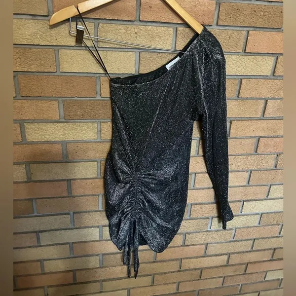Superdown Sparkle Black/Silver One Shoulder Ruched Mini Dress Women’s Size Small - Image 3