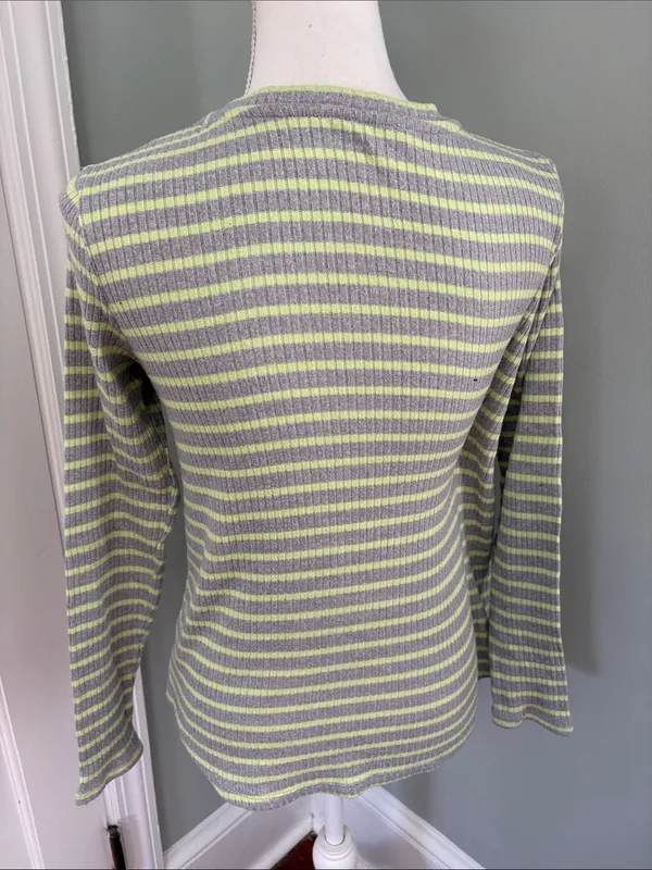 American Eagle Outfitters Gray and Lime Green Striped Long Sleeve Top Small - Image 3