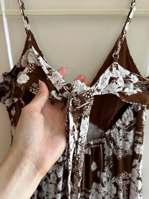 Paper Heart Anthropologie Chocolate Brown Floral Linen Maxi Dress, Size Large - Image 14