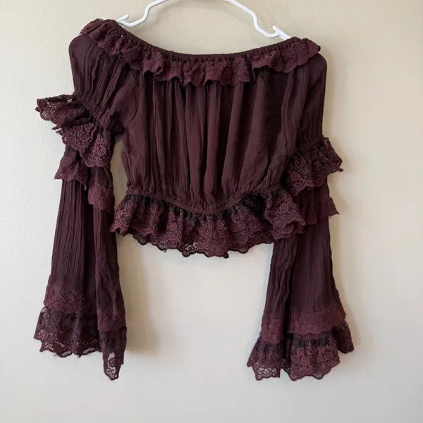 Earthbound Top M Wine Lace Tiered Ruffle Bell Sleeve Off Shoulder Fairycore - Image 7