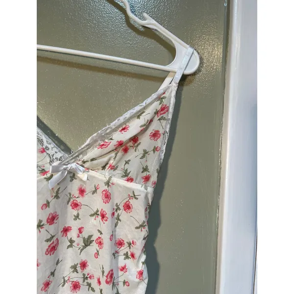 Women's Sz Medium Lace Edge Floral Print Slip Dress White Pink V-Neck Sheer Mini - Image 7