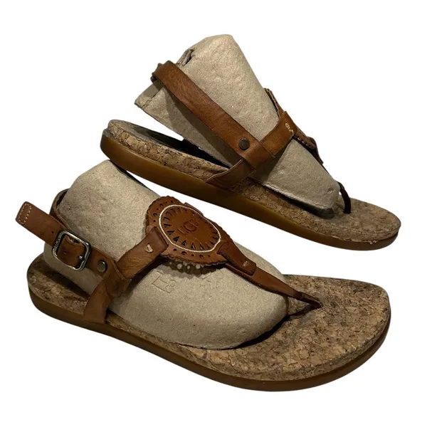 UGG Women Brown Leather Cork Footbed Medallion Thong Ankle Strap Sandals 8 - Image 3
