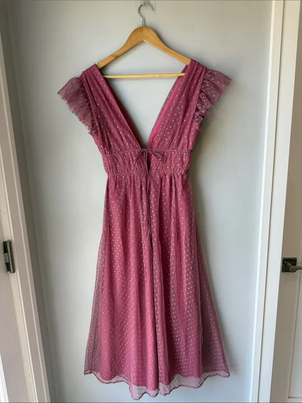 Lulu's Soft Girl Yours Evermore Mauve Swiss Dot Ruffled Midi Dress - Image 3