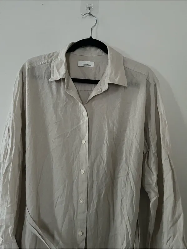 H&M Linen Beige Maternity Midi Shirt Dress Medium Euro Summer Old Money Coastal - Image 3