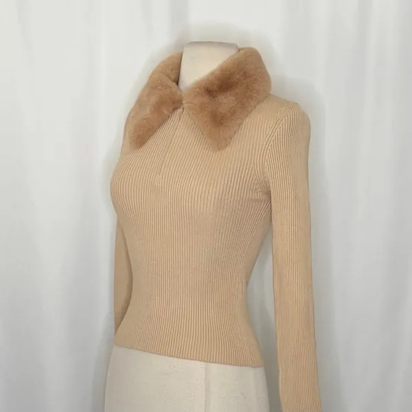 NWT!! ZARA Faux Fur Lapel Knit Sweater Tan‎ Light Brown Zipper Pullover Small - Image 6