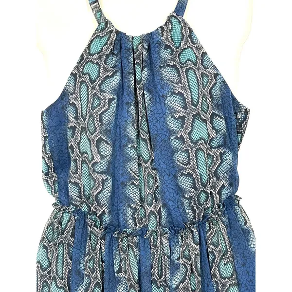 SUNDANCE Catalog Python Snake Print Lined Halter Dress Size Small Blue Ruffles - Image 2