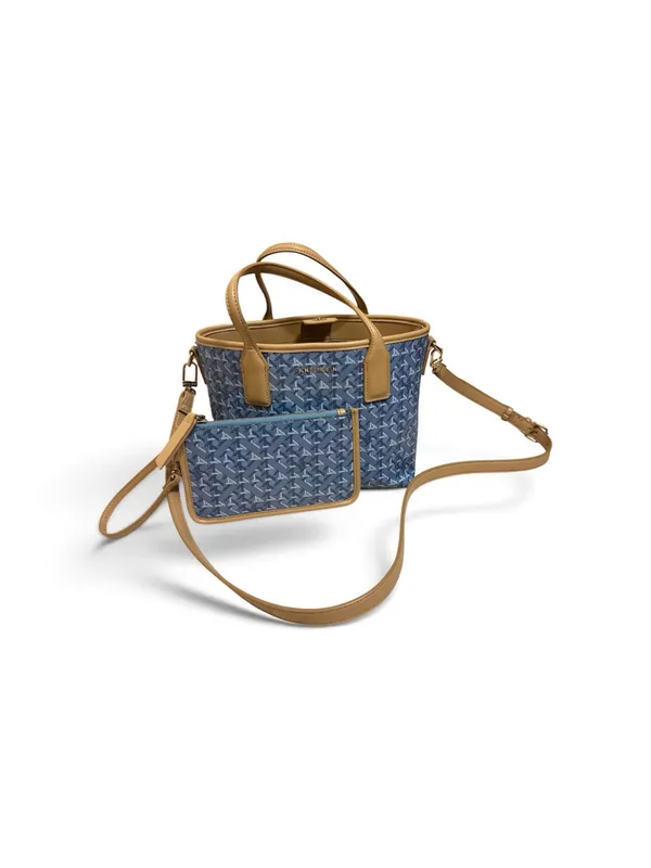 Anne Klein | Blue Patterned bucket bag with Tan Trim and Wristlet - Image 2