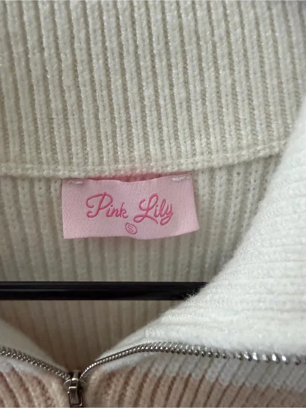 Pink Lily Striped Knit Half-Zip Sweater Vest Cream Beige Preppy Fisherman - Image 2