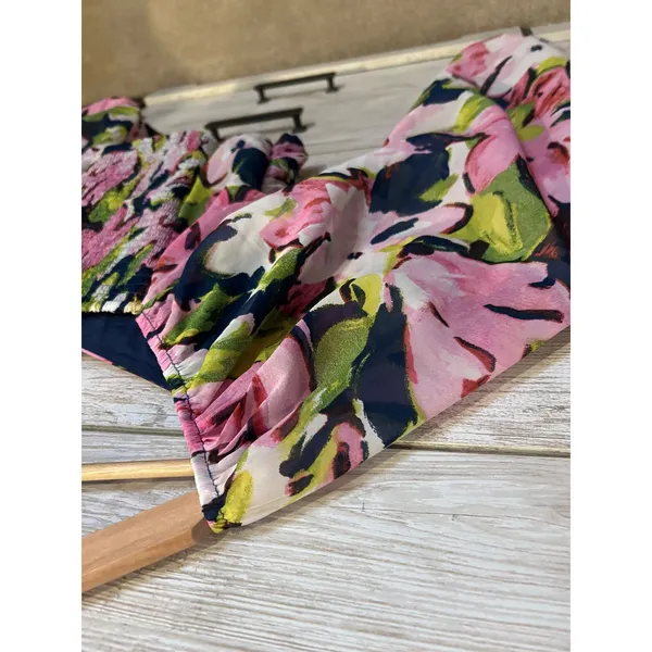Abercrombie & Fitch Floral Ruched Smocked Long Sleeve Crop Top Pink Green Medium - Image 6