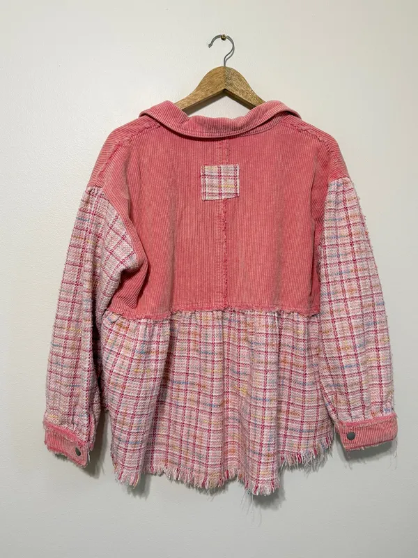 POL Pink Tweed Shirt Jacket Size Medium Shacket Patchwork Boho - Image 7