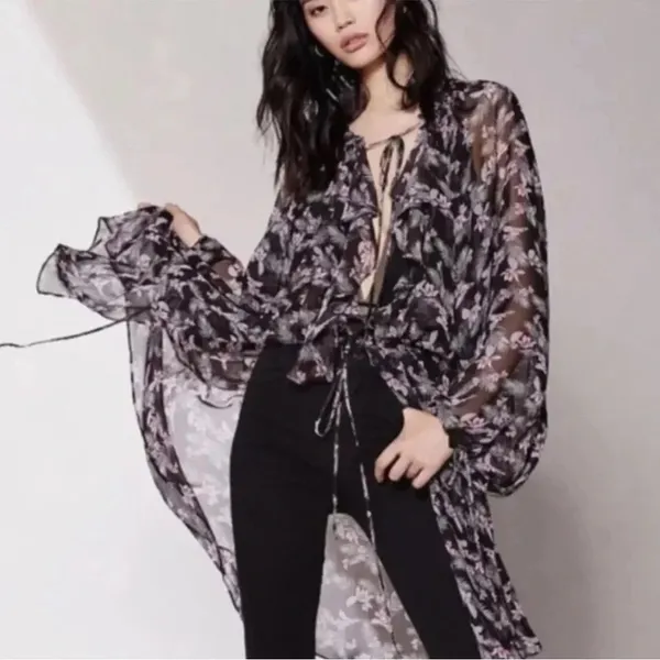 Victoria’s Secret Black Ruffle Floral Print Chiffon Kimono Size M/L Swim Flowy - Image 2