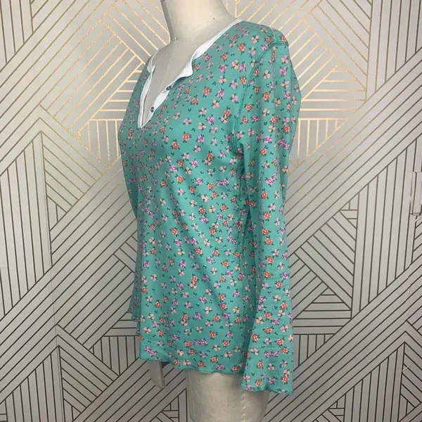 Anthropologie Roberta Roller Rabbit Blooms Pajama Top Tee Henley Floral Green Size US Small‎ - Image 7