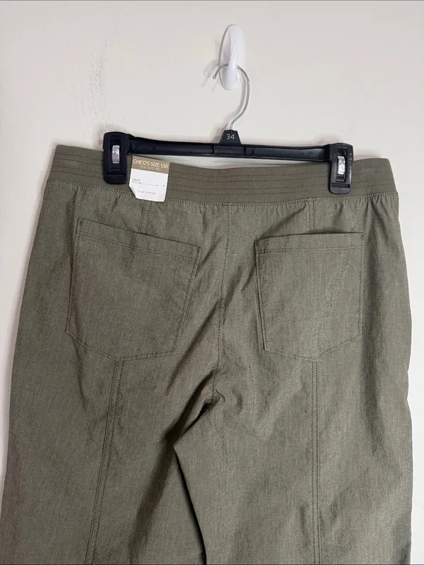 Chico’s Cuffed Cropped Tab Olive Green Seamed Pants elastic waistband Cotton 10 - Image 4