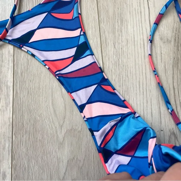 OneOne Swimwear Bikini tie front top cheeky high rise womens Blue large colorful - Image 4