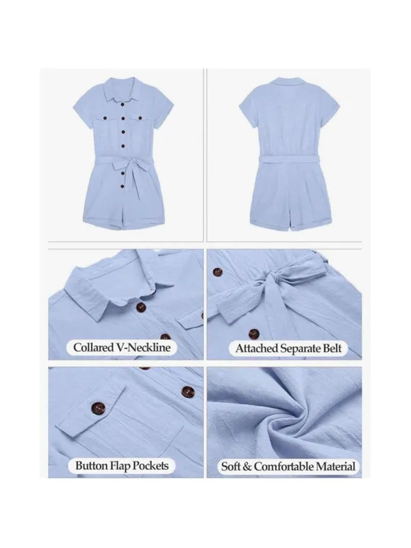 NEW 100% Cotton Pockets Romper Button Short Sleeve L NO BELT Light blue 100% Co - Image 6