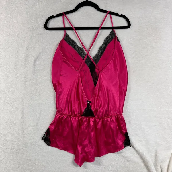 Victoria's Secret M Pink Black Lace Trim Satin Romper Sleep Teddy Lingerie Glam - Image 4