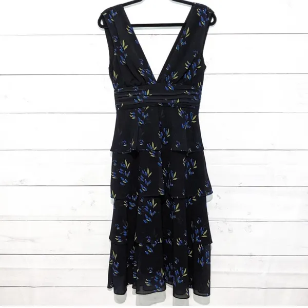 AMUR Fionna Tiered Ruffle Sleeveless‎ Midi Dress Black Floral Women's Size 6 - Image 4