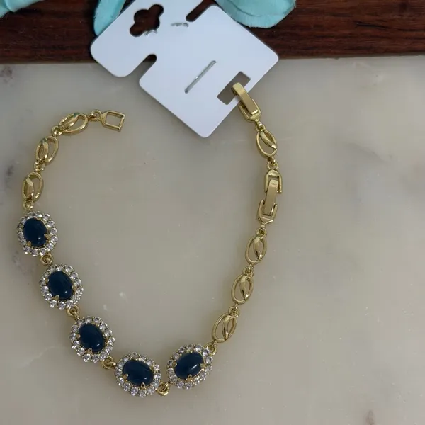 14K Gold Plated XP Womens Halo Link Bracelet‎ Adjustable Blue Oval Stone - Image 3