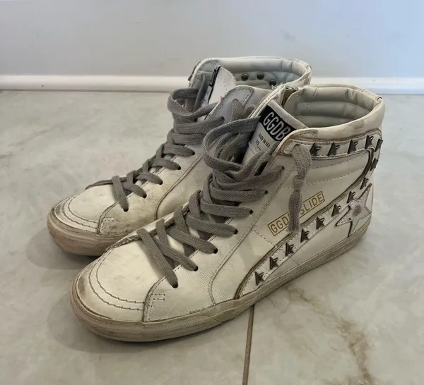 Golden Goose White Slide Silver Metallic Leather Star Flash High Top Sneakers - Image 2