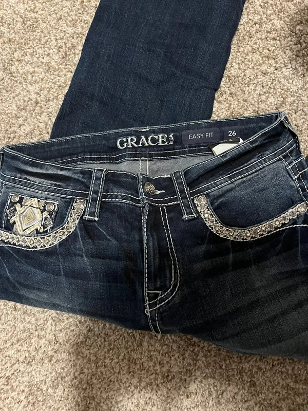 GRACE IN LA Mid Rise Medium Wash Aztec Embellished Pocket Bootcut Jeans - Image 5