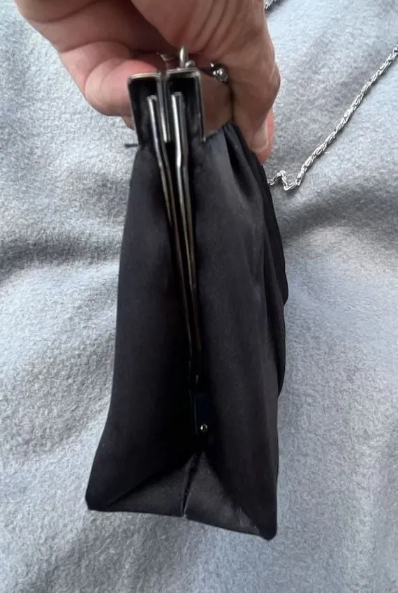 Black Satin Evening Clutch With Silver Chain Strap and Kiss Lock Frame - Image 7