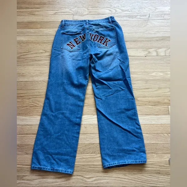 Blue Flare Wide Leg Jeans with Red Embroidery - Image 3
