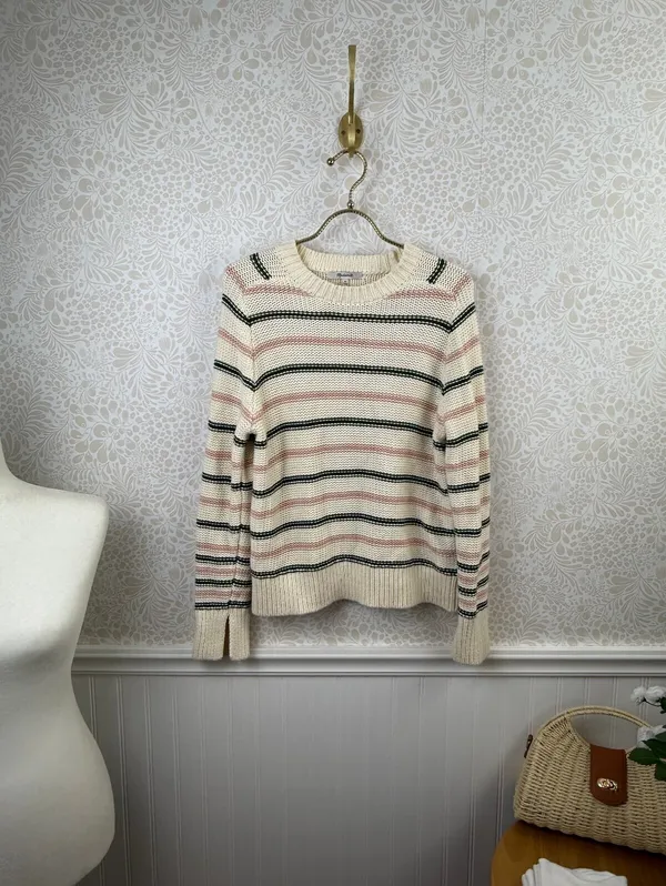 Madewell Cream Pink & Green Striped 100% Cotton Crewneck Sweater - Size - XS - Image 4