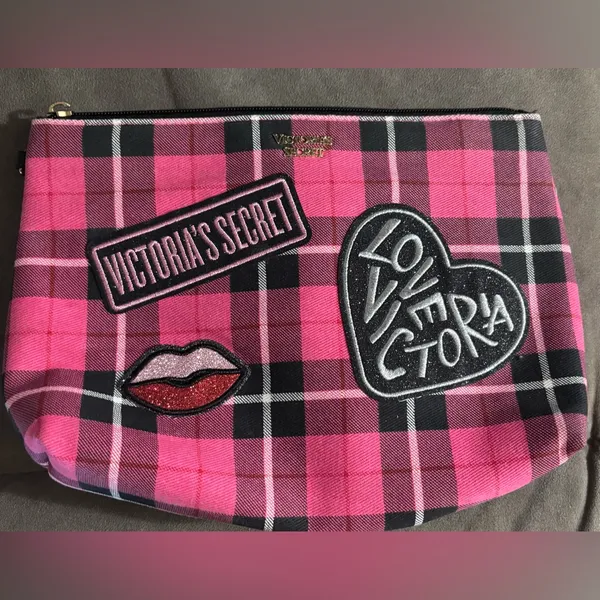 Victoria’s Secret Plaid Cosmetic Bag with Patches - Image 2
