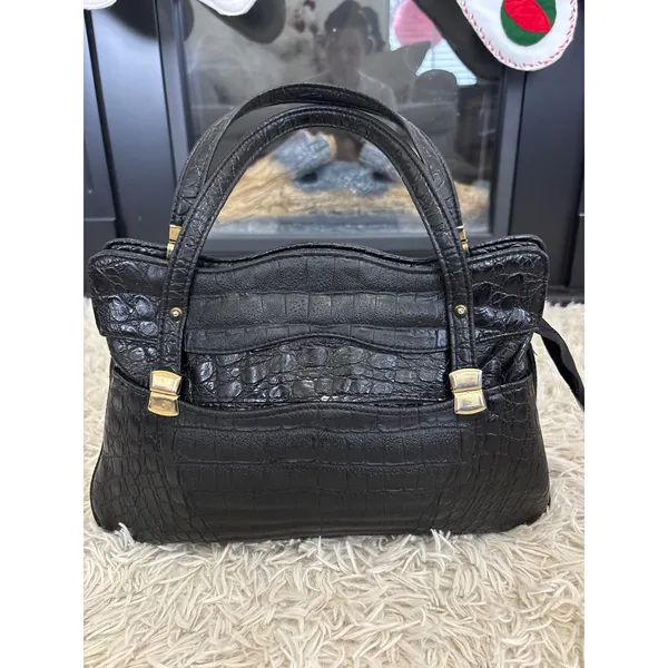 Vintage Black Embossed‎ Crocodile Texture Top Handle Handbag Gold Hardware Women - Image 2
