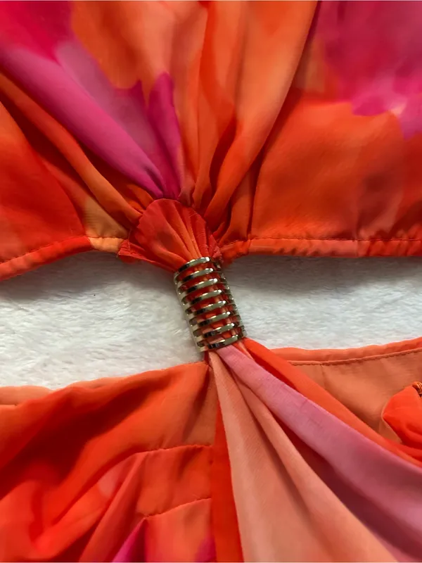 Hello Molly Golden Hour Drinks Midi Dress Orange Size 2 XS Cutout Chain Back - Image 12