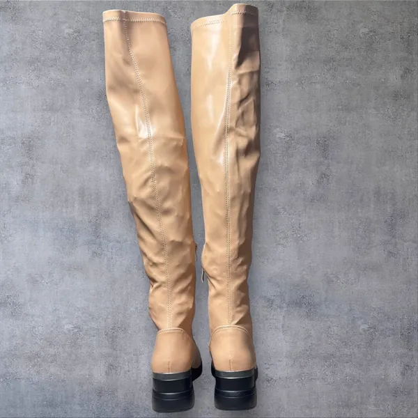 NEW Allegra K Over The Knee Boots Womens 8 Tan Wedge Chunky Heel Thigh‎ High - Image 6