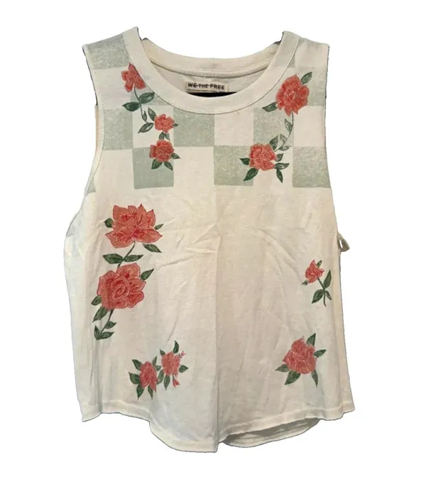 We The Free $58 Check It Out Free People Ivory Checkered Floral Muscle Tee Top M - Image 3