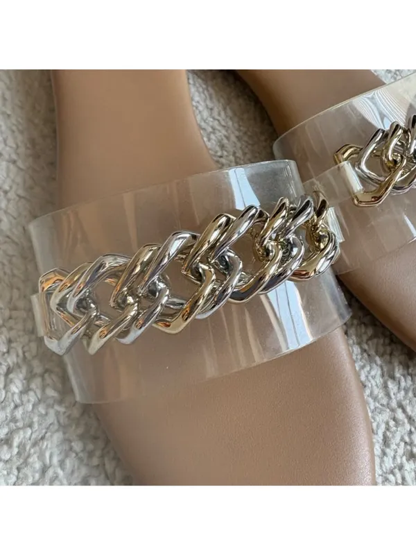 Clear Slide Sandals Nude Gold/Silver Chain Transparent Strap Slip On Sz 8 - Image 2
