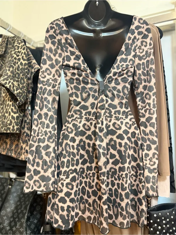 Leopard Print Long Sleeve Mini Dress in Taupe & Black - Image 2