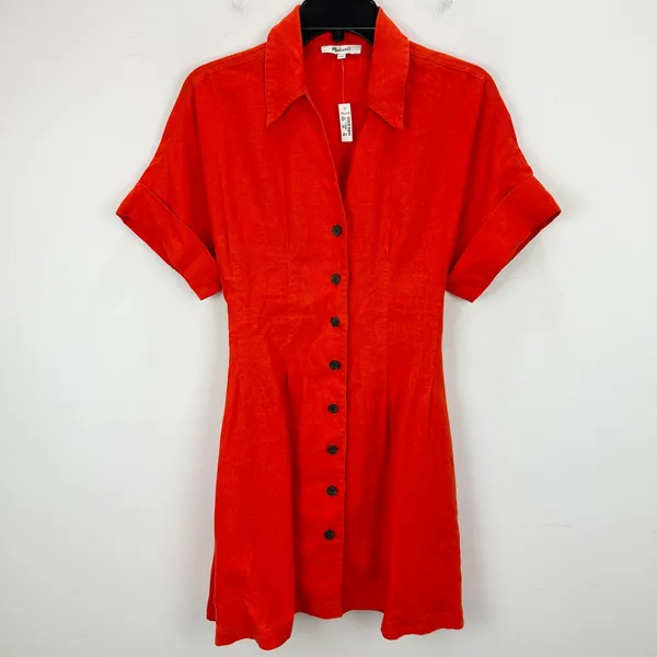 Madewell The Perry Mini Shirtdress 100% Linen Bright Flame Minimalist XXS NWT - Image 6