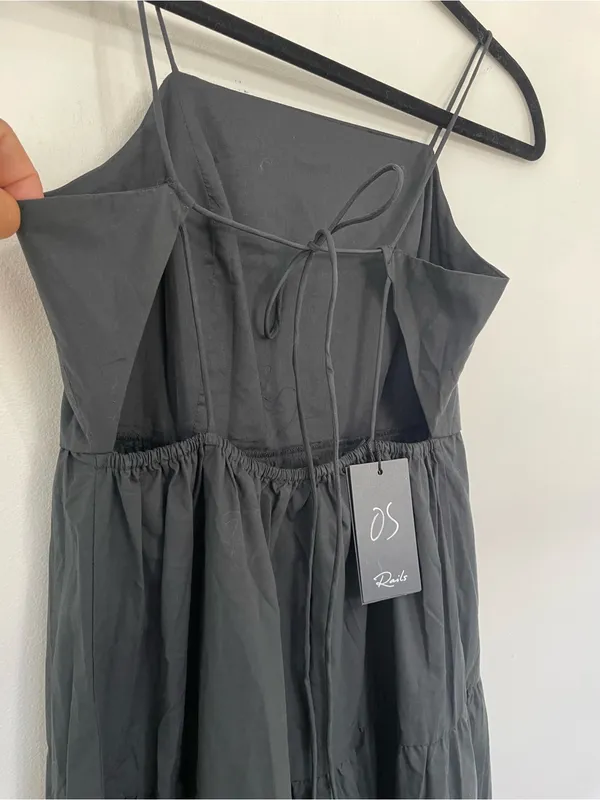 NWT RAILS Leni Dress S Black Cotton Poplin Tiered Midi Open Back Tie Back LBD - Image 11