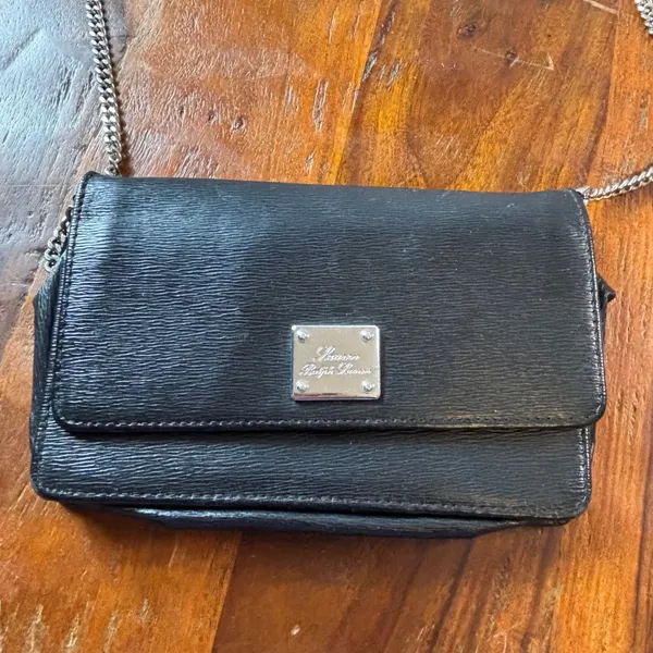 Lauren Ralph Lauren Black Textured Leather Chain Crossbody‎ Wallet Bag Silver - Image 9