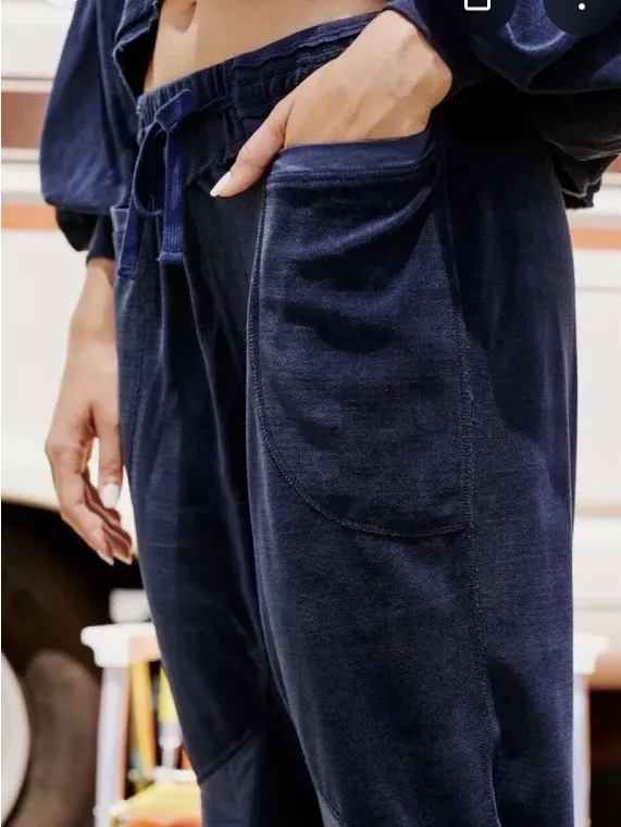 Free People Movement Let It Go Velour Joggers Blue Stretch Pants Medium - Image 2
