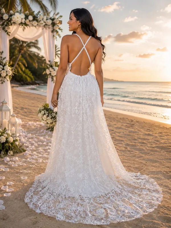 Ryanth Long Lace Wedding Dresses Bride Simple Beach Dress Train Boho Bridal - Image 2