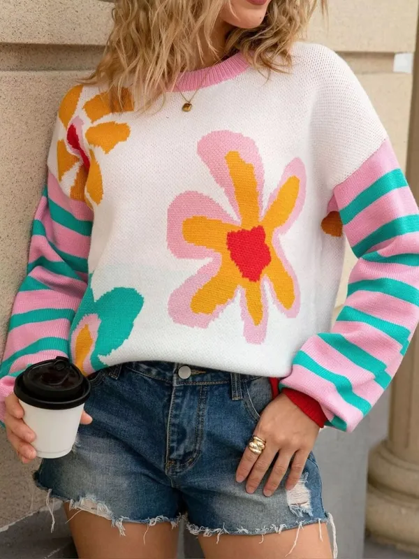 NEW Boutique Floral Striped Mixed Print Crewneck Sweater Summer Spring Bright - Image 7