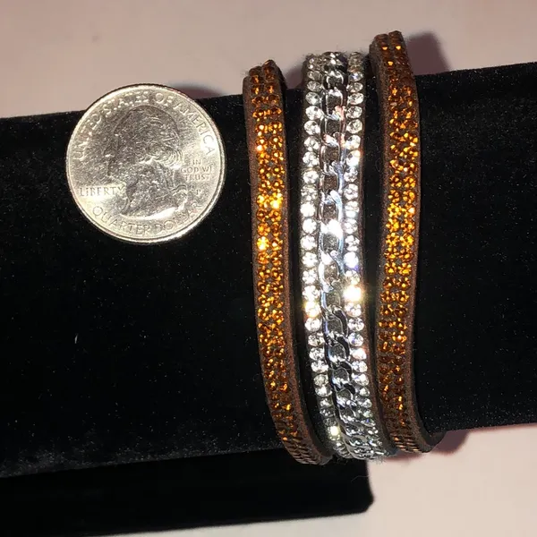 Sparkling Triple Row Wrap Bracelet Amber and Silver Tones Orange - Image 2