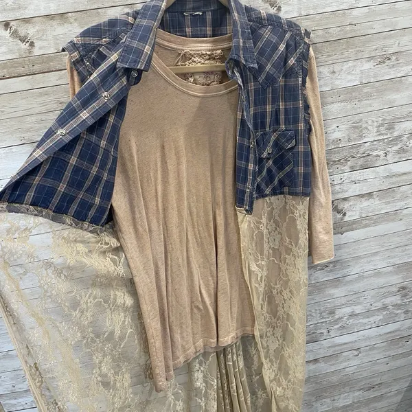 Vtg Gypsy South Atlanta L Reworked Sleeveless Plaid Lace Tunic Vest & Shirt Y2K‎ - Image 2