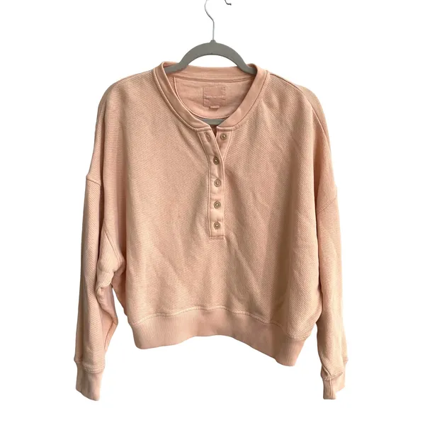 American Eagle Henley Sweatshirt Womens Small Peach‎ Relaxed Waffle Knit Cropped - Image 2