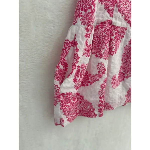 Tori Richard Pink‎ White Floral Seersucker Drop Waist Mini Dress Pockets Size 4 - Image 2