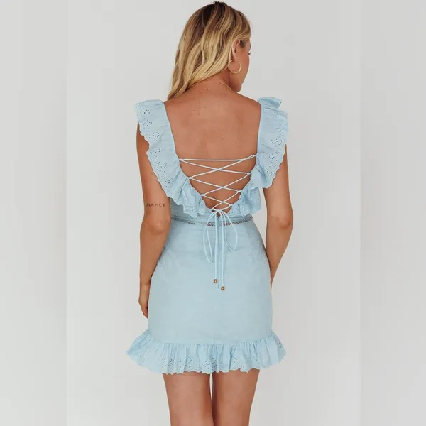Angel Biba Sweet Melody Sweetheart Neck Off-Shoulder Dress Lace Steel Blue S - Image 2