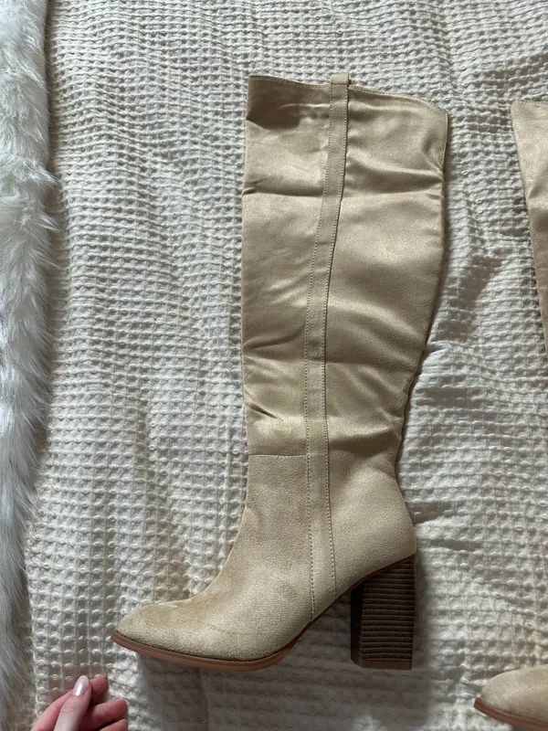 Tall Suede Heeled Boots Tan Size 9 - Image 3